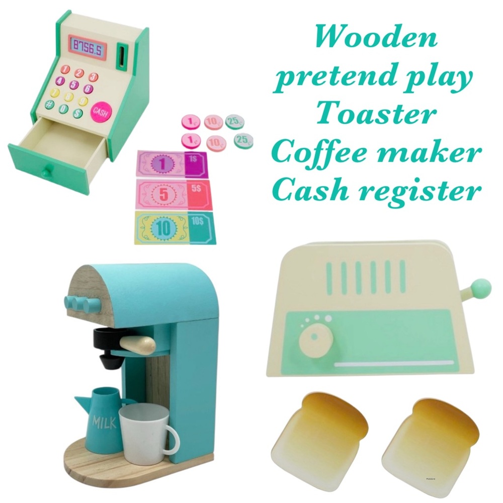 New wooden pretend play Toaster , coffee maker , cash register and accessories